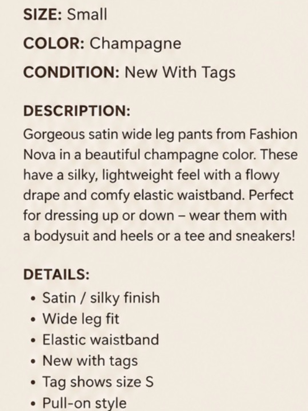 NWT* Fashion Nova Champagne Satin Wide-Leg Pull-On Pants